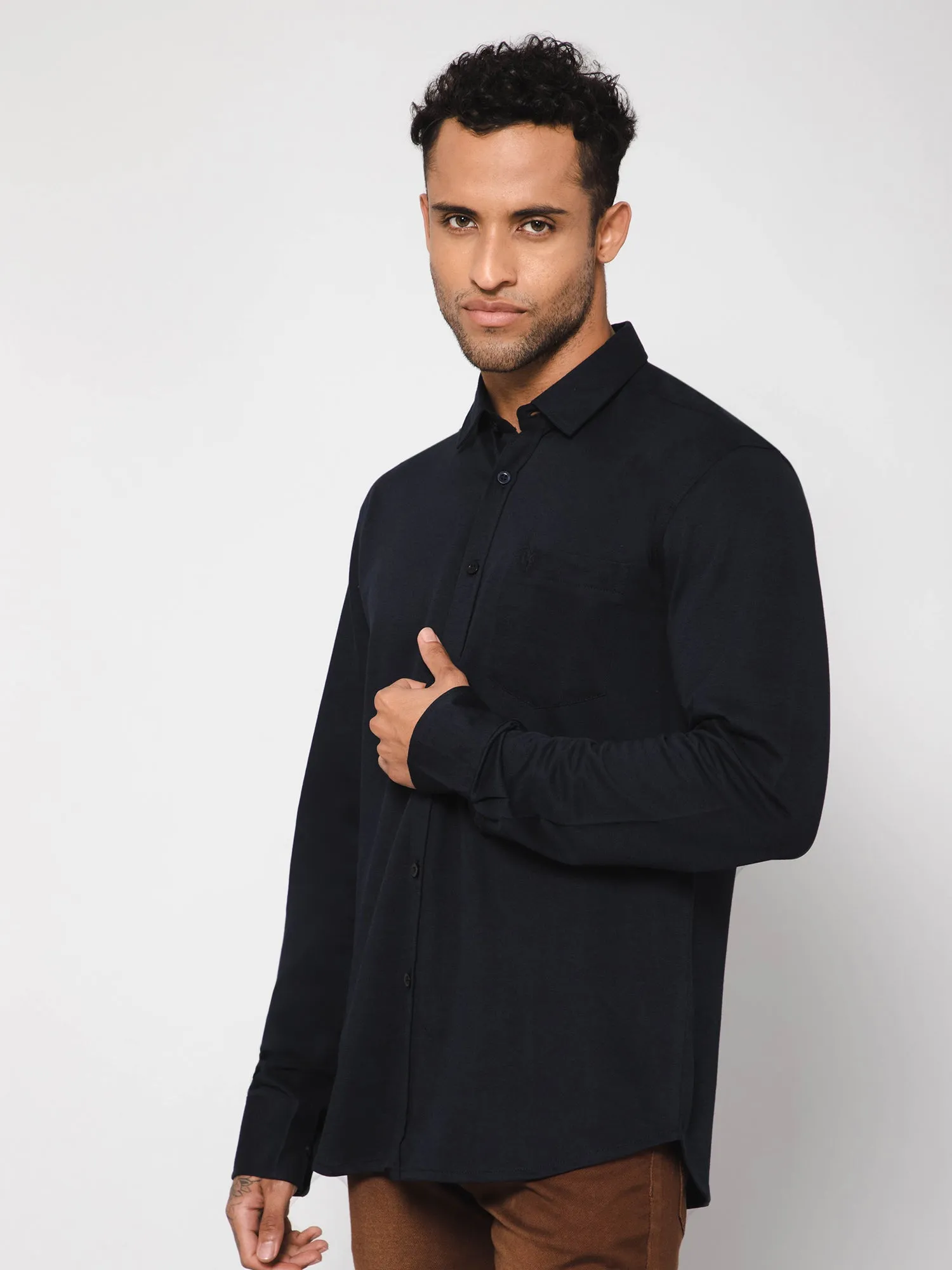 Cantabil Cotton Blend Solid Navy Blue Full Sleeve Casual Shirt for Men with Pocket