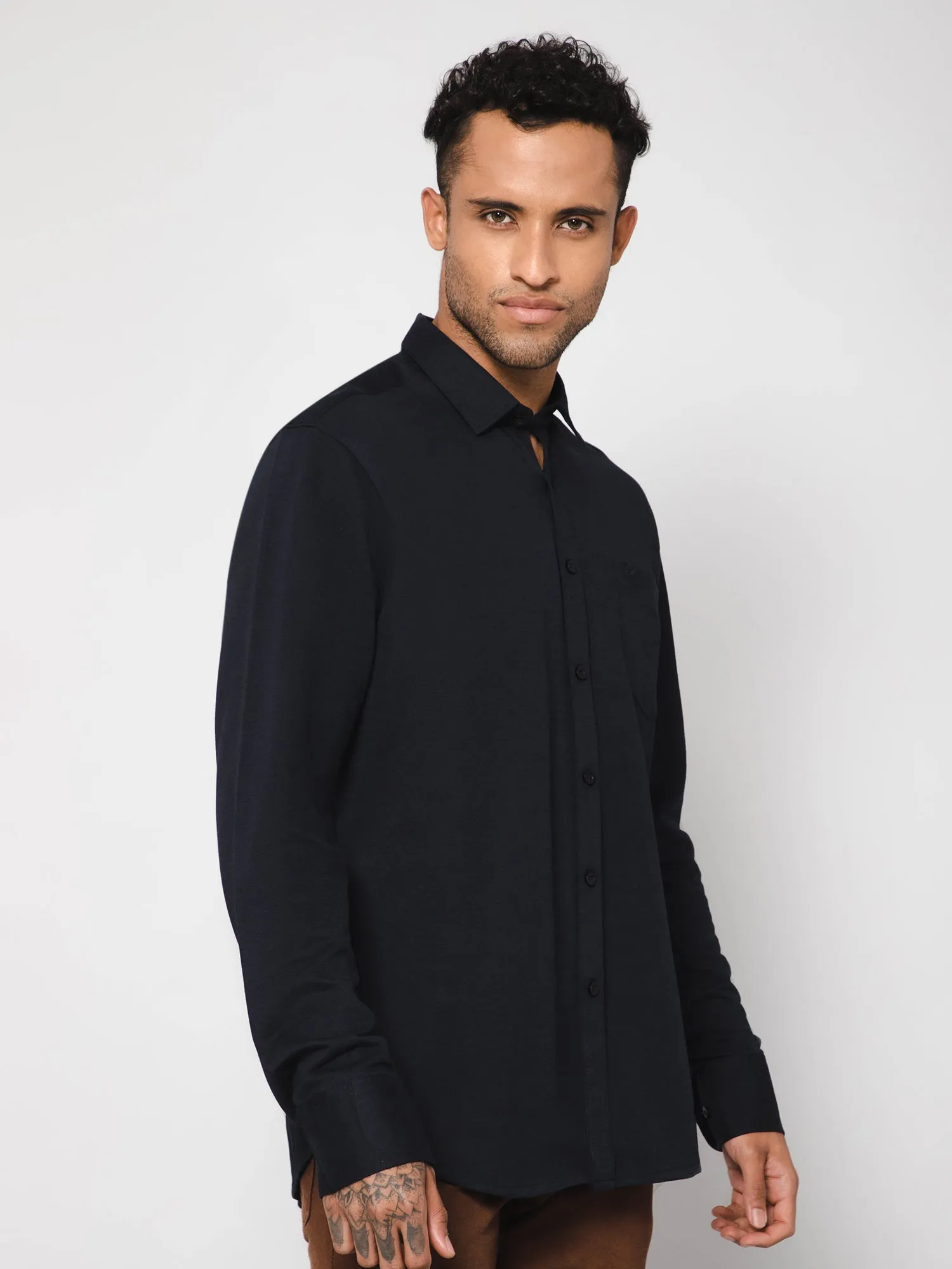 Cantabil Cotton Blend Solid Navy Blue Full Sleeve Casual Shirt for Men with Pocket