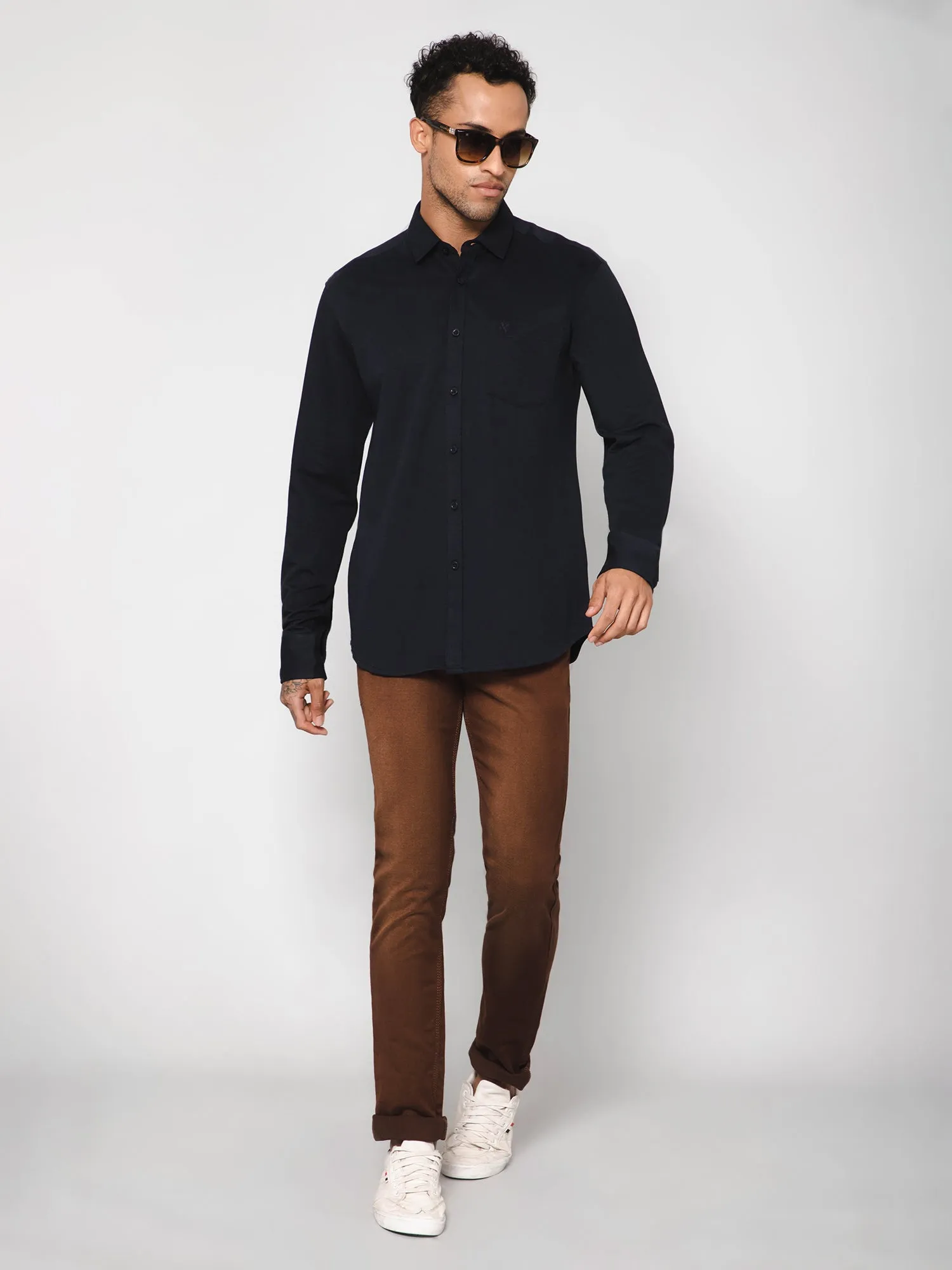 Cantabil Cotton Blend Solid Navy Blue Full Sleeve Casual Shirt for Men with Pocket