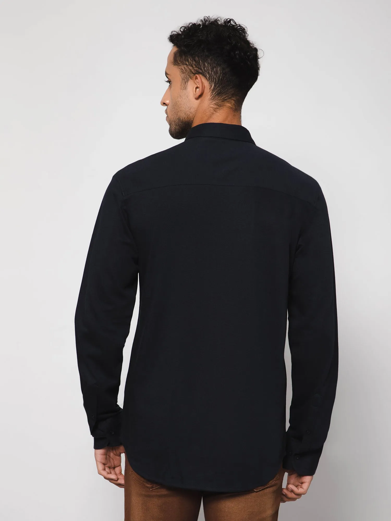 Cantabil Cotton Blend Solid Navy Blue Full Sleeve Casual Shirt for Men with Pocket