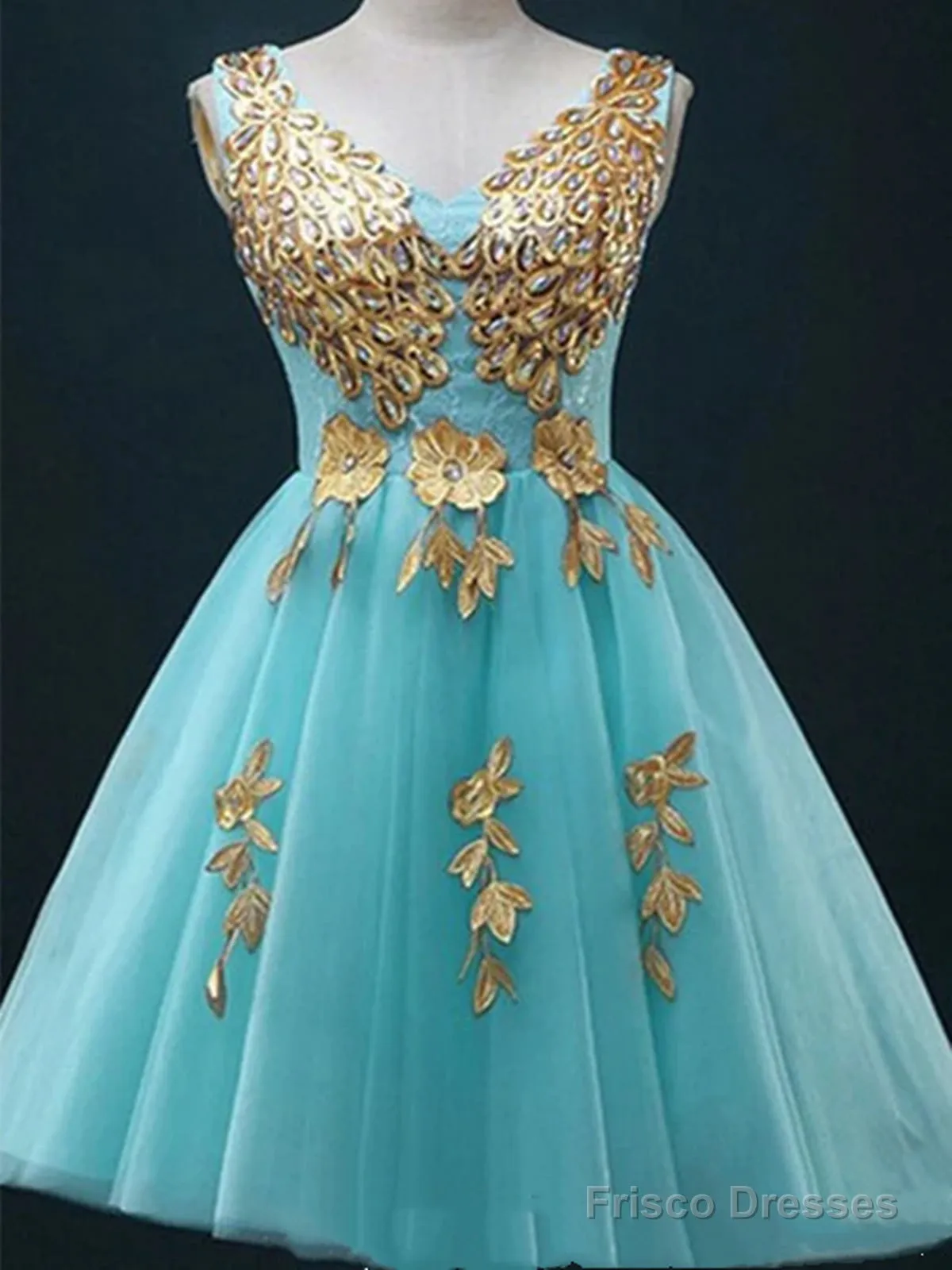 Custom Made A Line V Neck Light Blue Short Tulle Prom Dresses, Short Bridesmaid Dresses, Homecoming Dress, Graduation Dresses