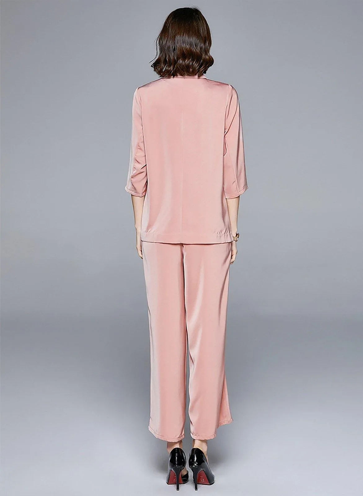 Three Quarter Sleeve Blazer Cropped Wide Leg Lace Tank Set