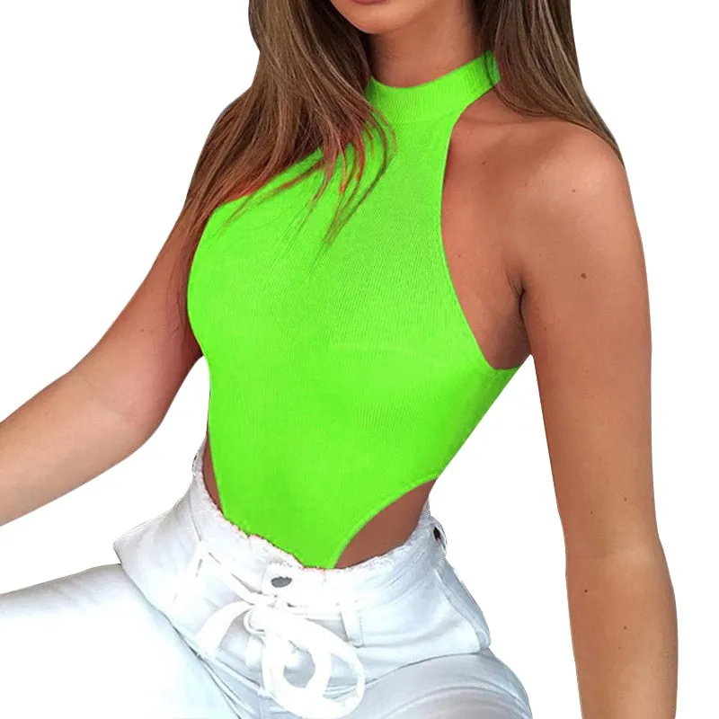 Women Ladies Sexy Sleeveless Solid Color High Cut Slim Skinny Bodycon Club Beach Fashion Halter Bodysuits Leotard