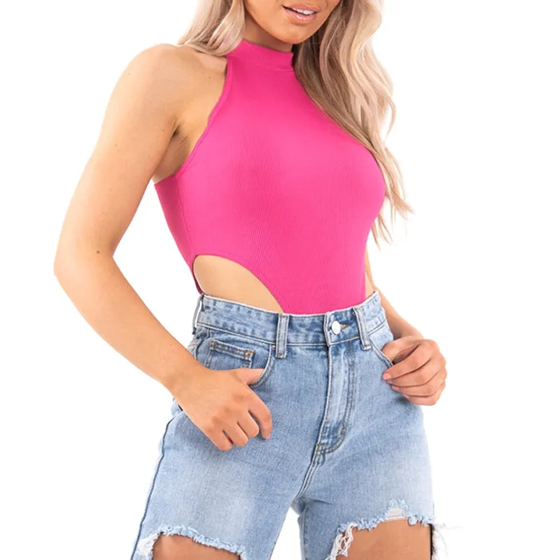 Women Ladies Sexy Sleeveless Solid Color High Cut Slim Skinny Bodycon Club Beach Fashion Halter Bodysuits Leotard